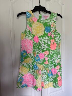 Lilly Pulitzer Green Floral Sleeveless Romper with Pink, Yellow & Blue Accents